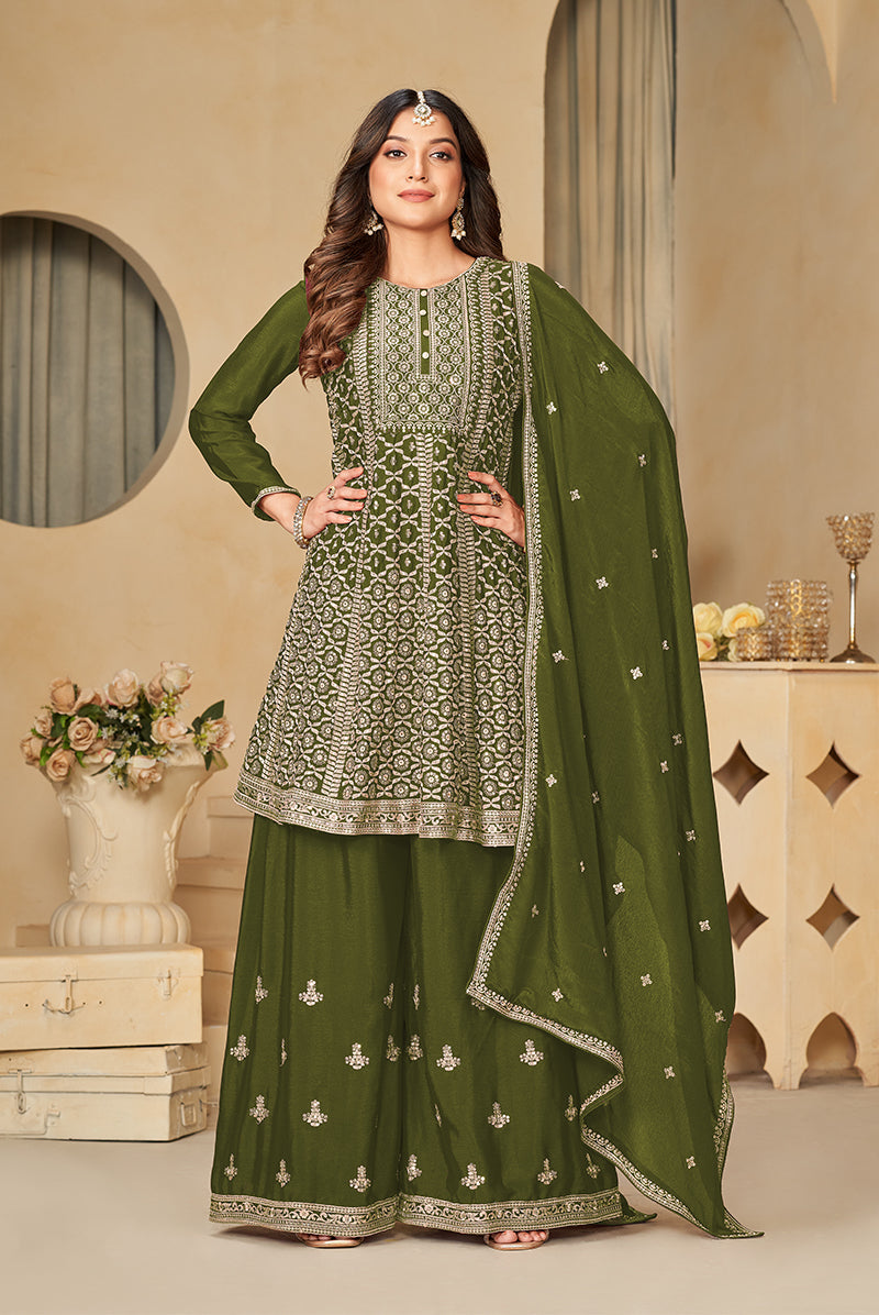 Women's Dark Olive Green Chinon Embroidered Party Wear Designer Salwar Kameez - Monjolika