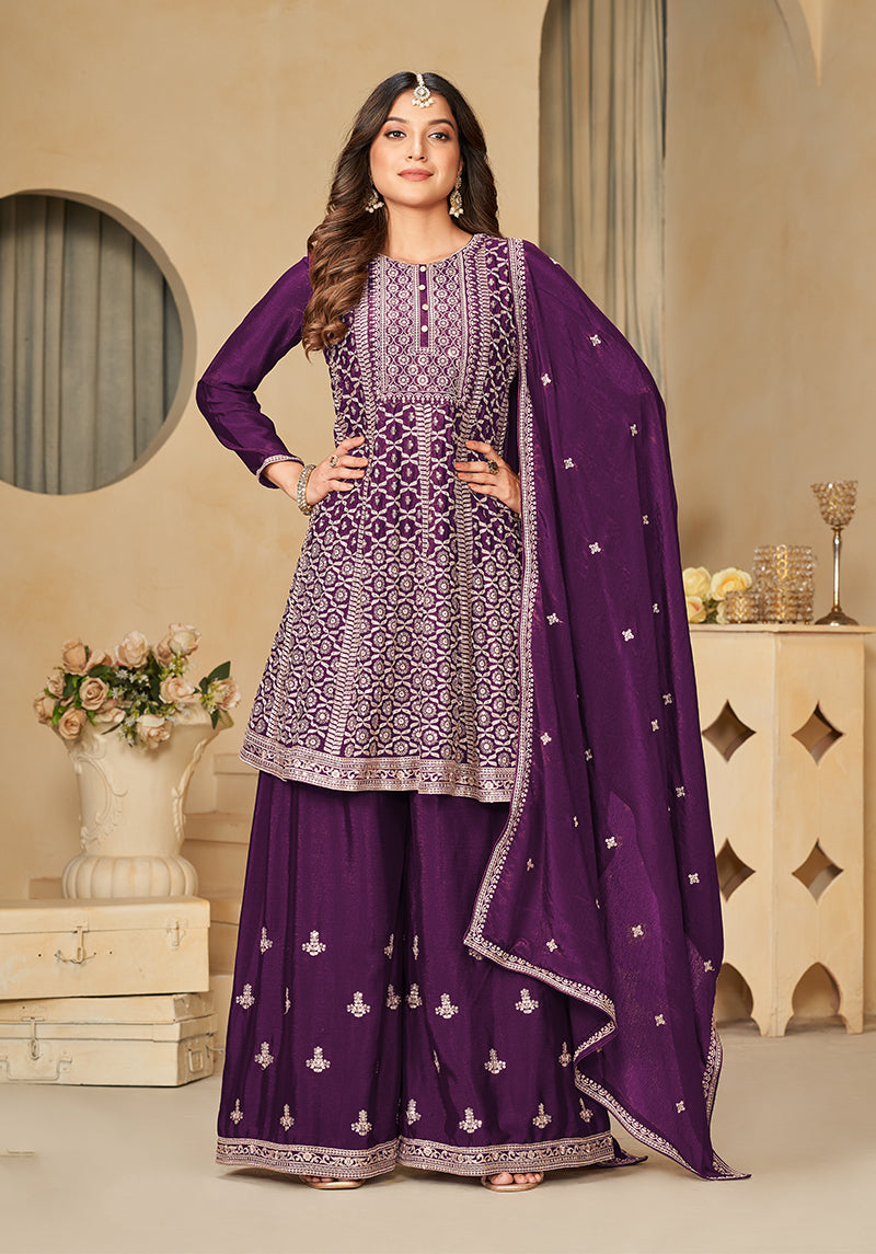 Women's Dark Purple Chinon Embroidered Party Wear Designer Salwar Kameez - Monjolika