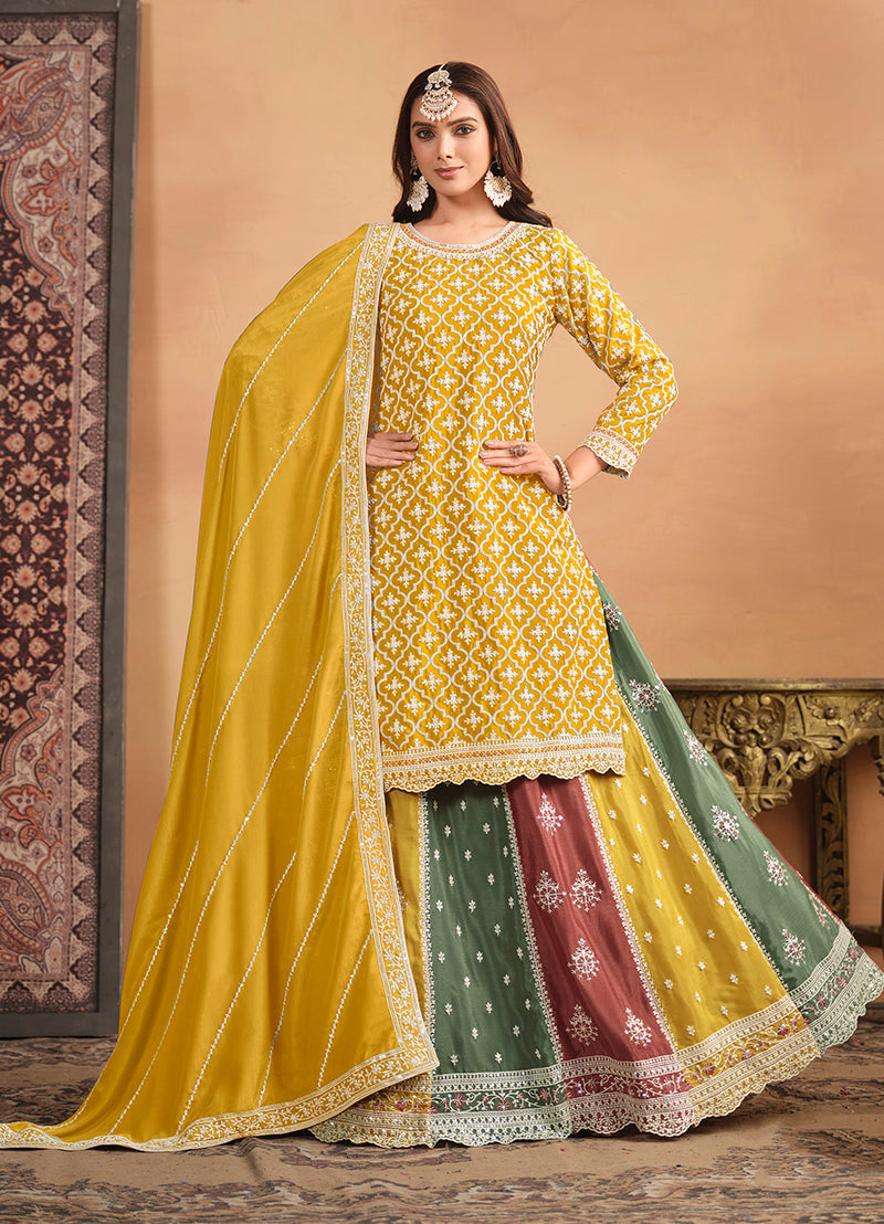 Women's Embroidered Chinon Silk Ethnic Lehenga Top In Mustard - Monjolika