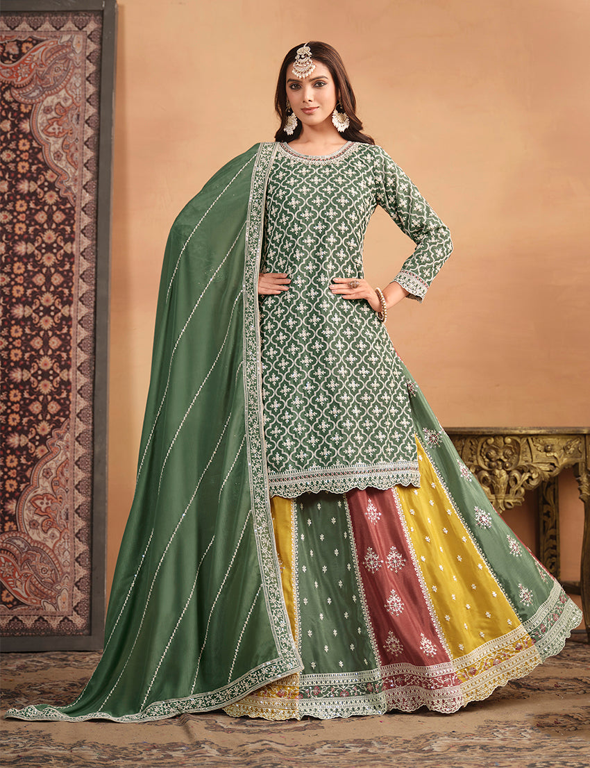 Women's Embroidered Chinon Silk Ethnic Lehenga Top In Green - Monjolika