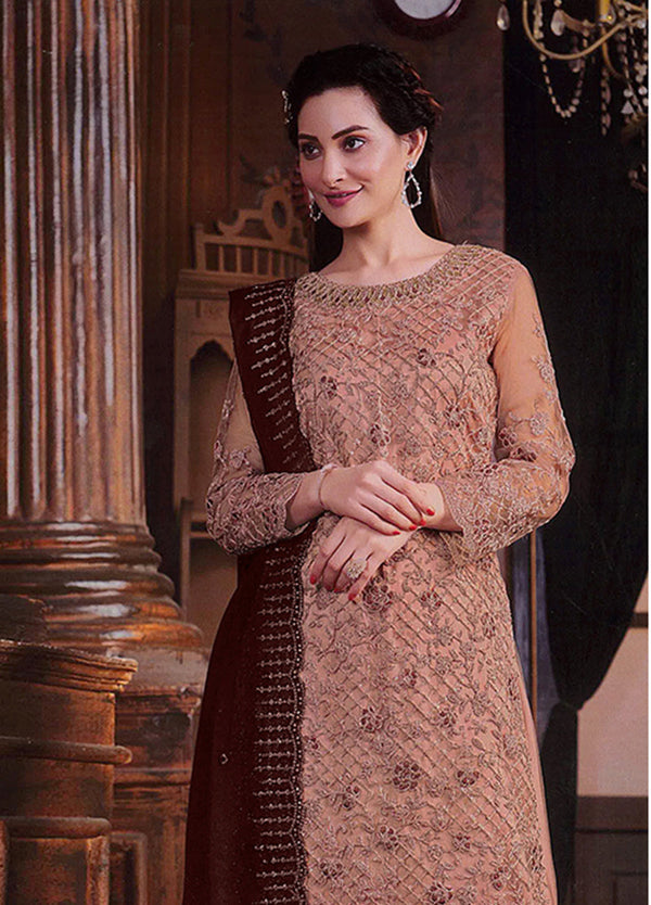 Women's Dark Peach Colour Soft Net Embroidered Designer Palazzo Suit - Monjolika