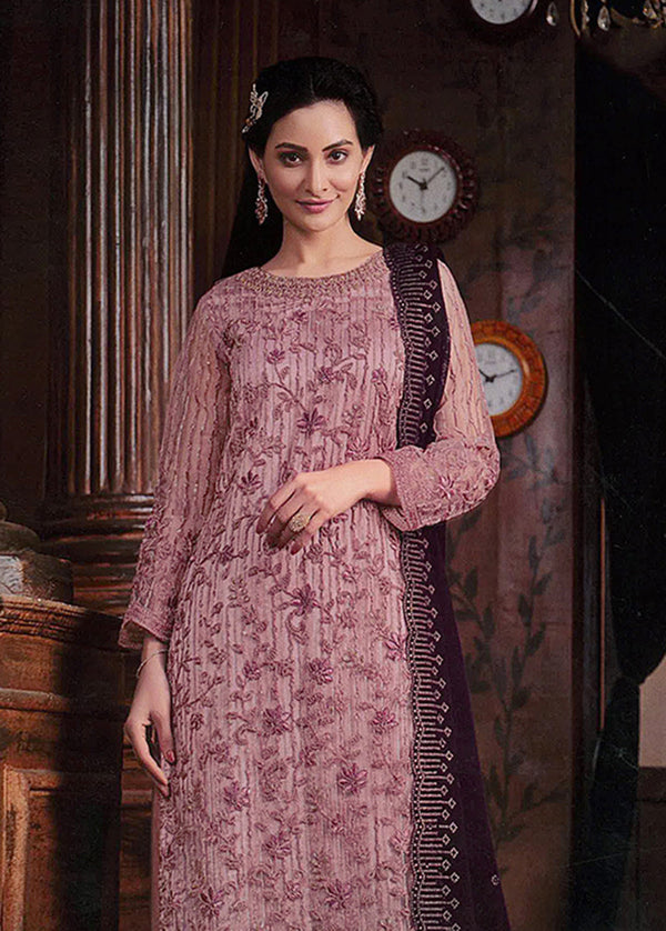 Women's Mauve Colour Soft Net Embroidered Designer Palazzo Suit - Monjolika