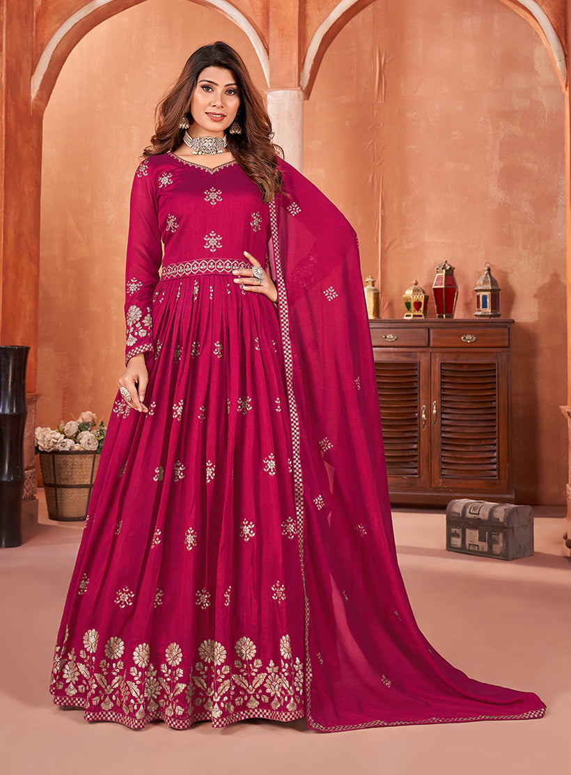 Women's Art Silk Embroidered Rani Pink Party Wear Salwar Suit - Monjolika