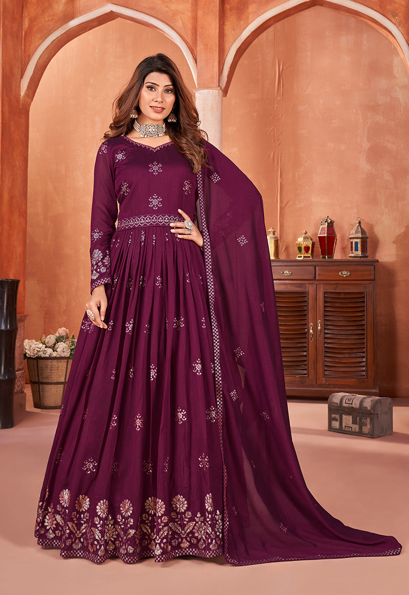 Women's Art Silk Embroidered Plum Color Party Wear Salwar Suit - Monjolika