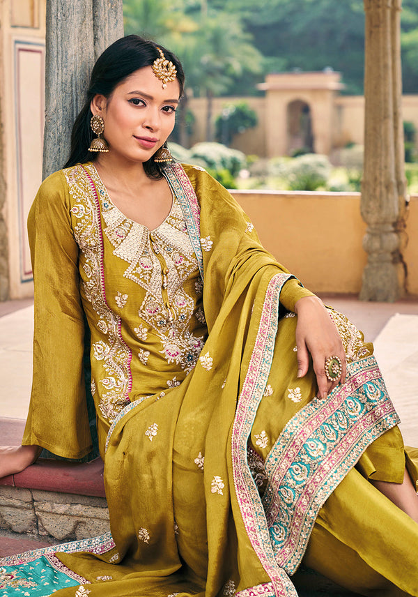 Women's Mustard Colour Chinon Silk Embroidered Designer Salwar Suit - Monjolika