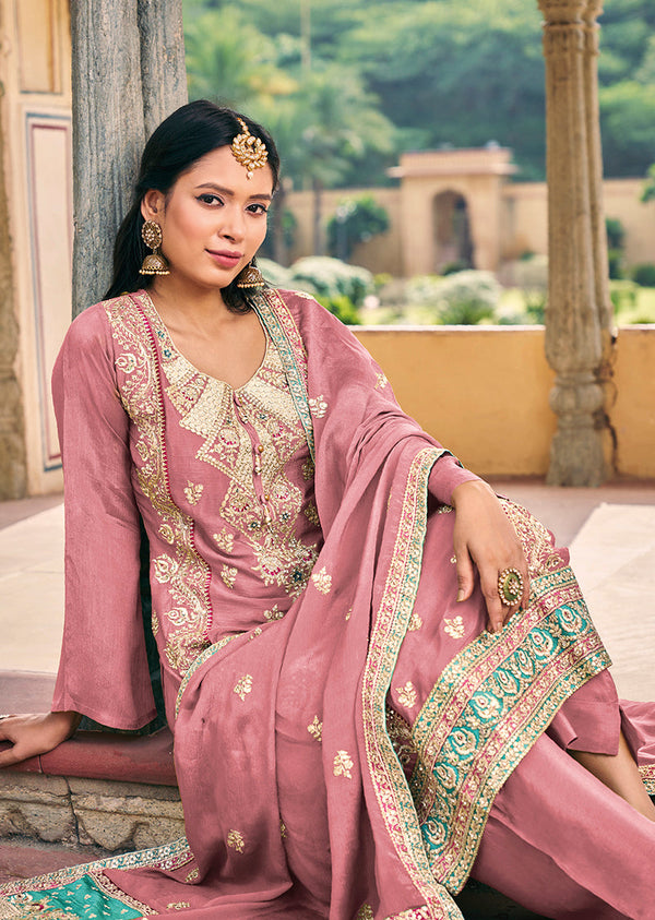 Women's Salmon Colour Chinon Silk Embroidered Designer Salwar Suit - Monjolika