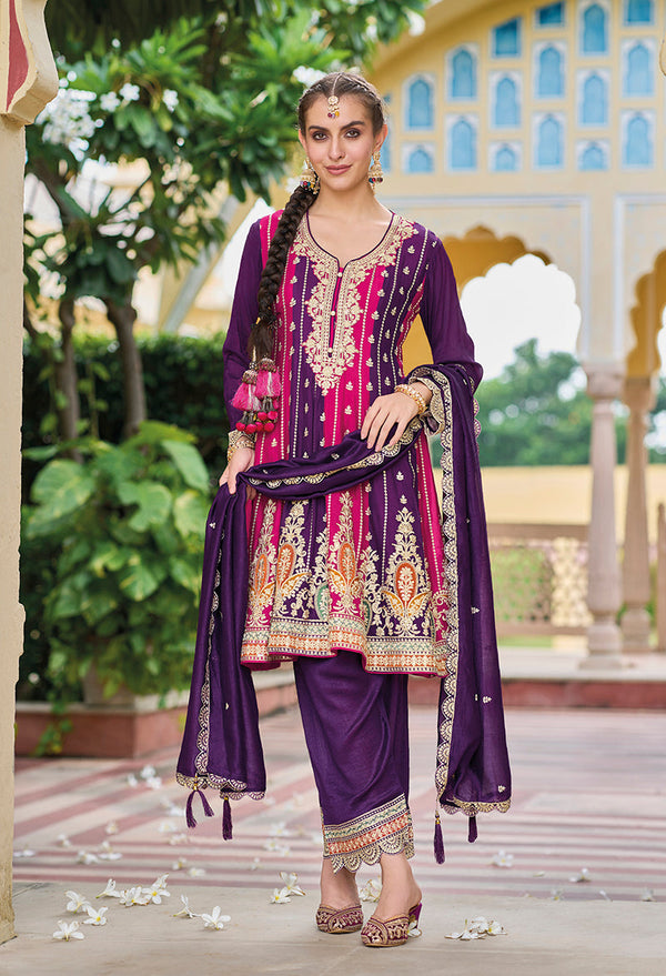 Women's Violet Colour Embroidered Premium Silk Partywear Dress - Monjolika