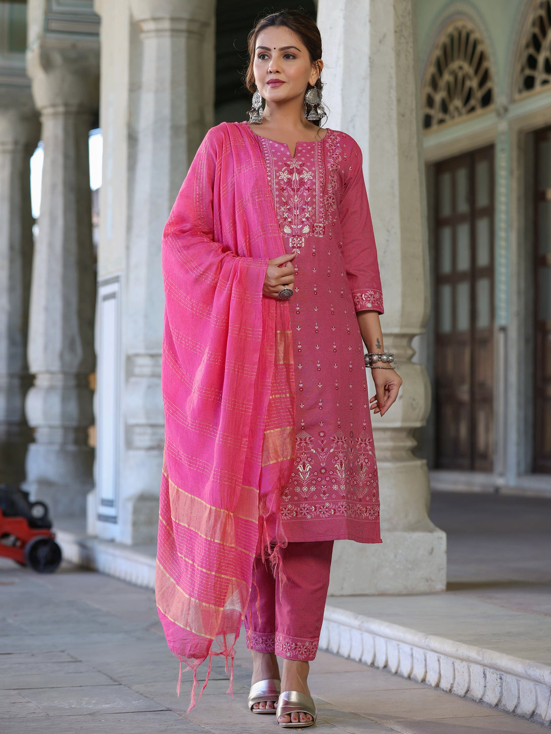 Women's Pink Cotton Printed Kurta Set - Juniper