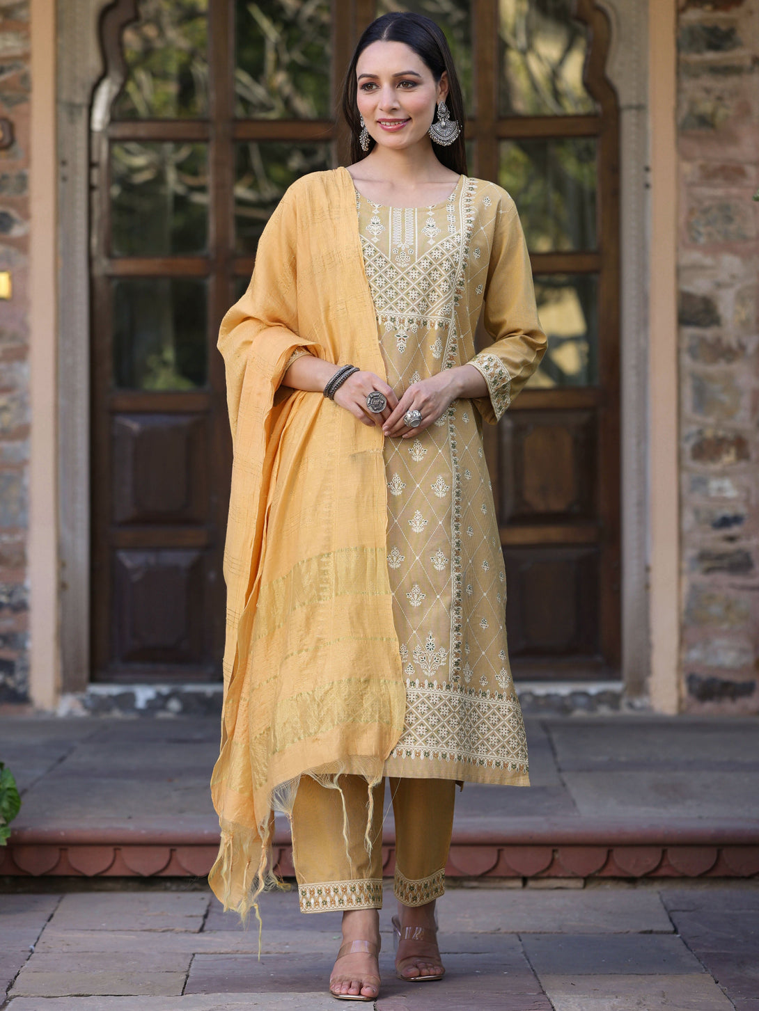 Women's Mustard Cotton Printed Kurta Set - Juniper