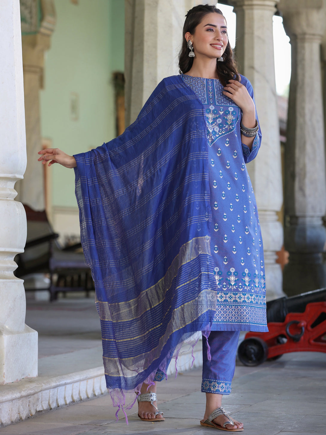 Women's Blue Cotton Printed Kurta Set - Juniper