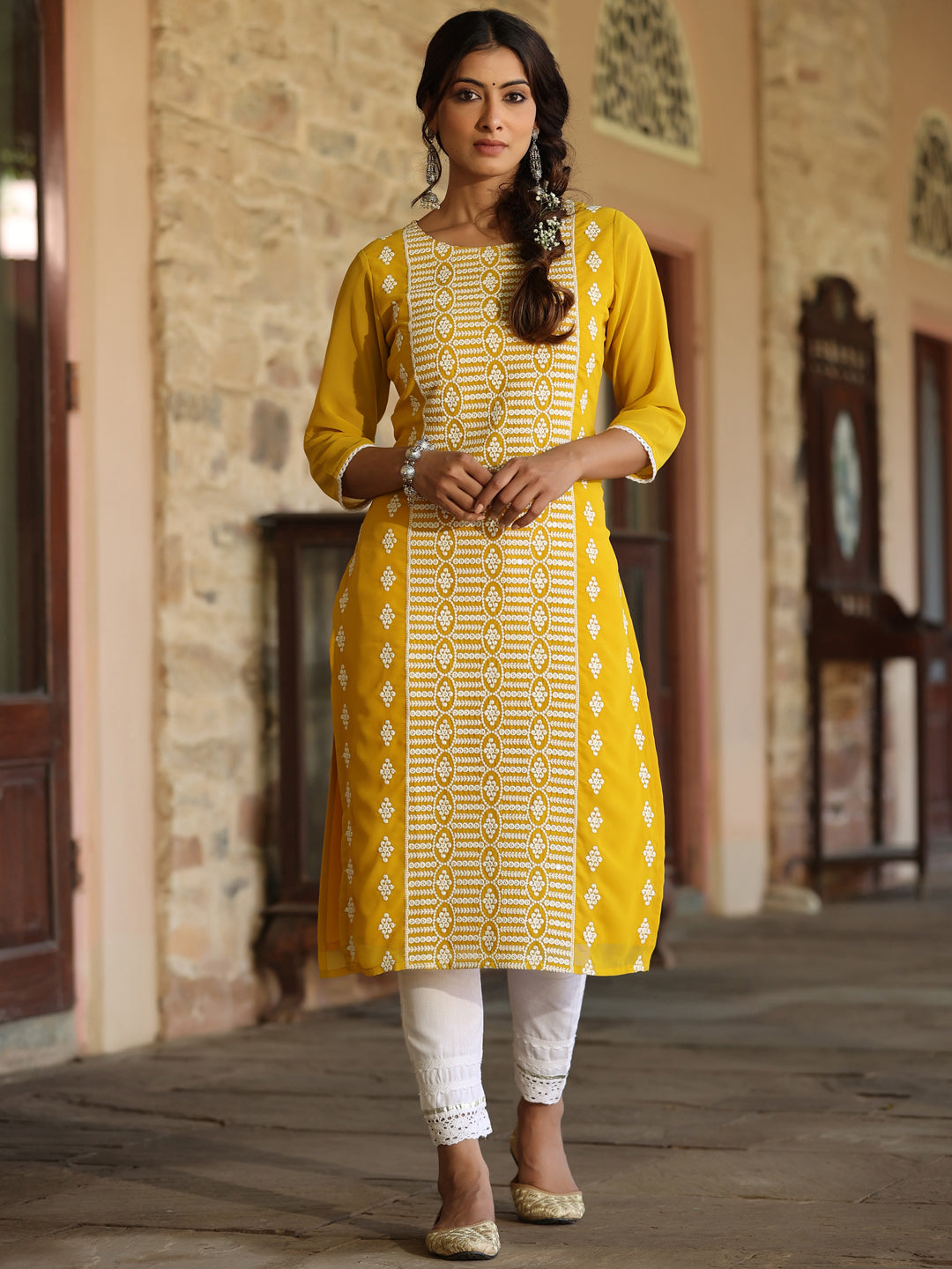 Women's Yellow Georgette Printed Kurta - Juniper