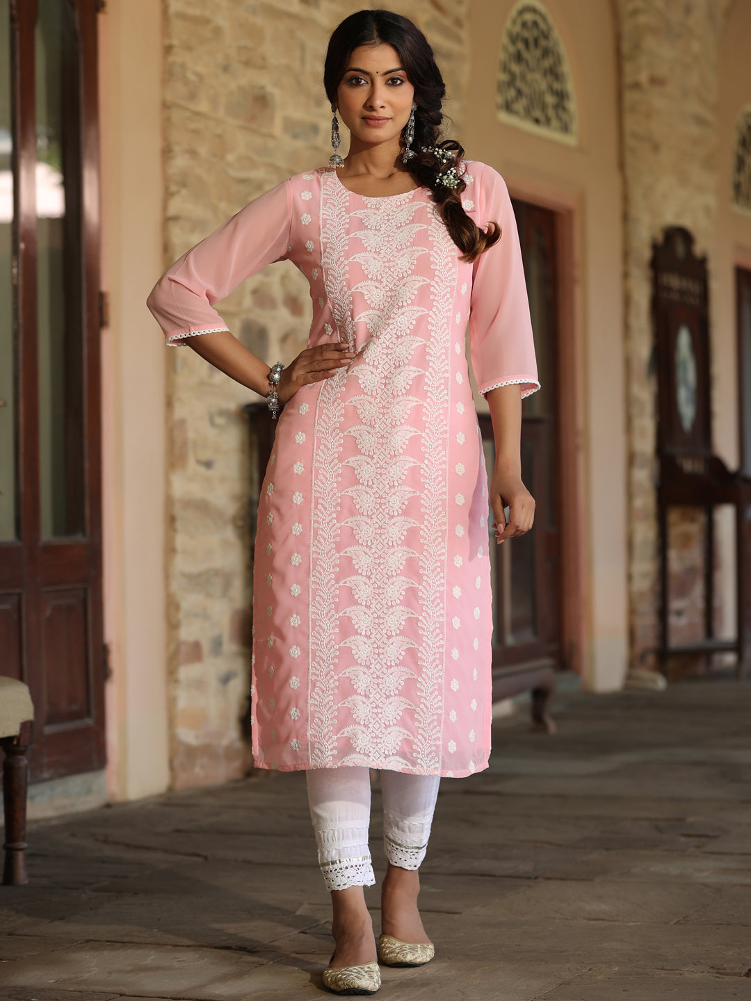 Women's Pink Georgette Printed Kurta - Juniper