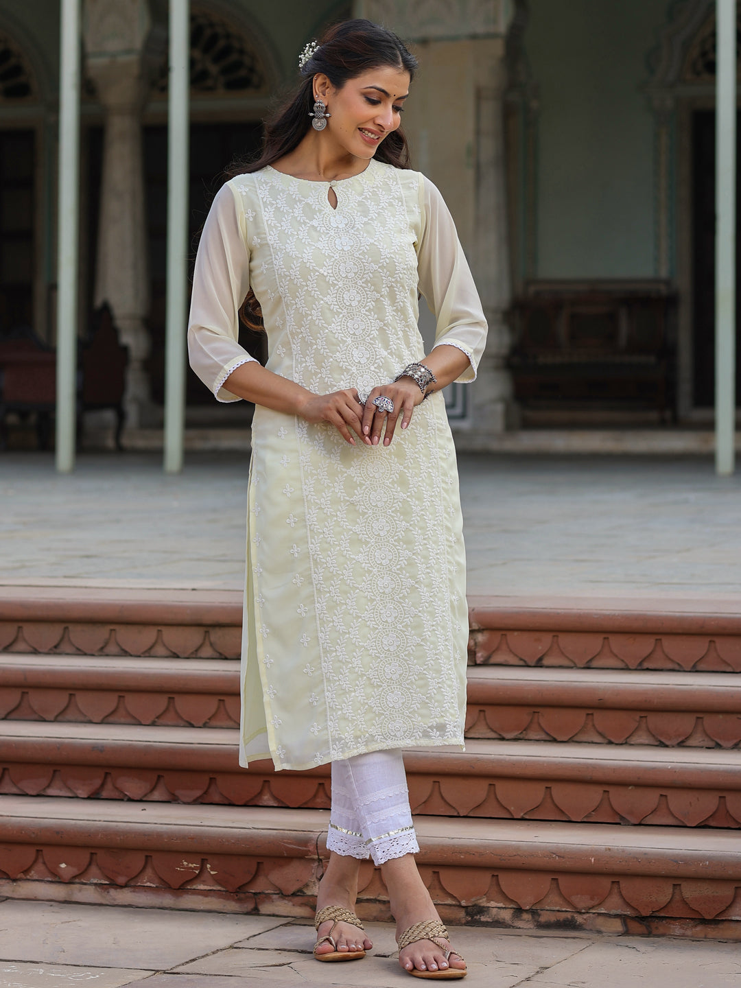 Women's Lemon Georgette Printed Kurta - Juniper