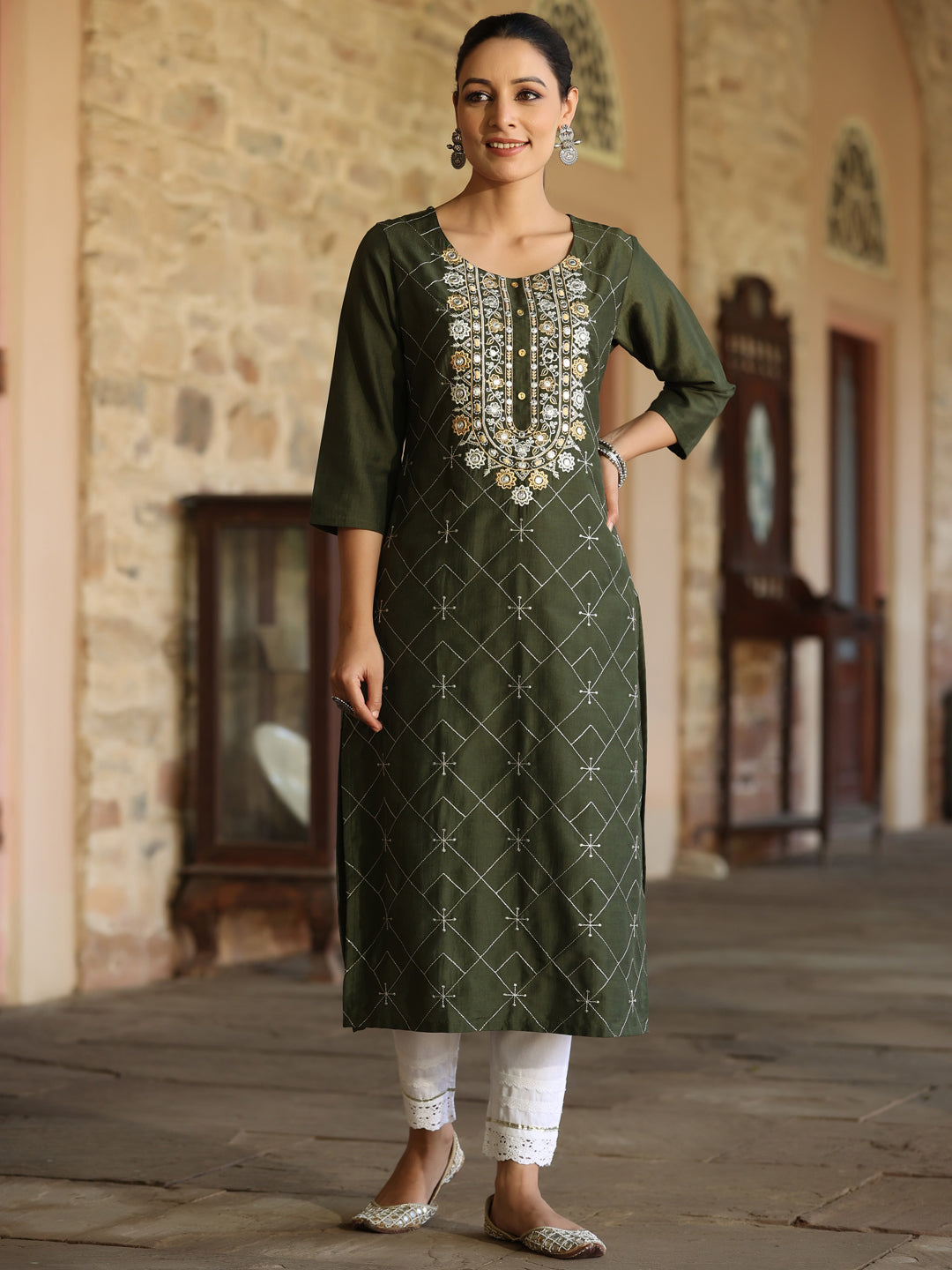 Women's Green Chinon Printed Kurta - Juniper