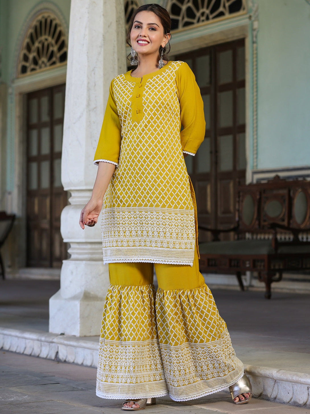 Women's Mustard Chinon Embroidered Kurta Garara Set - Juniper