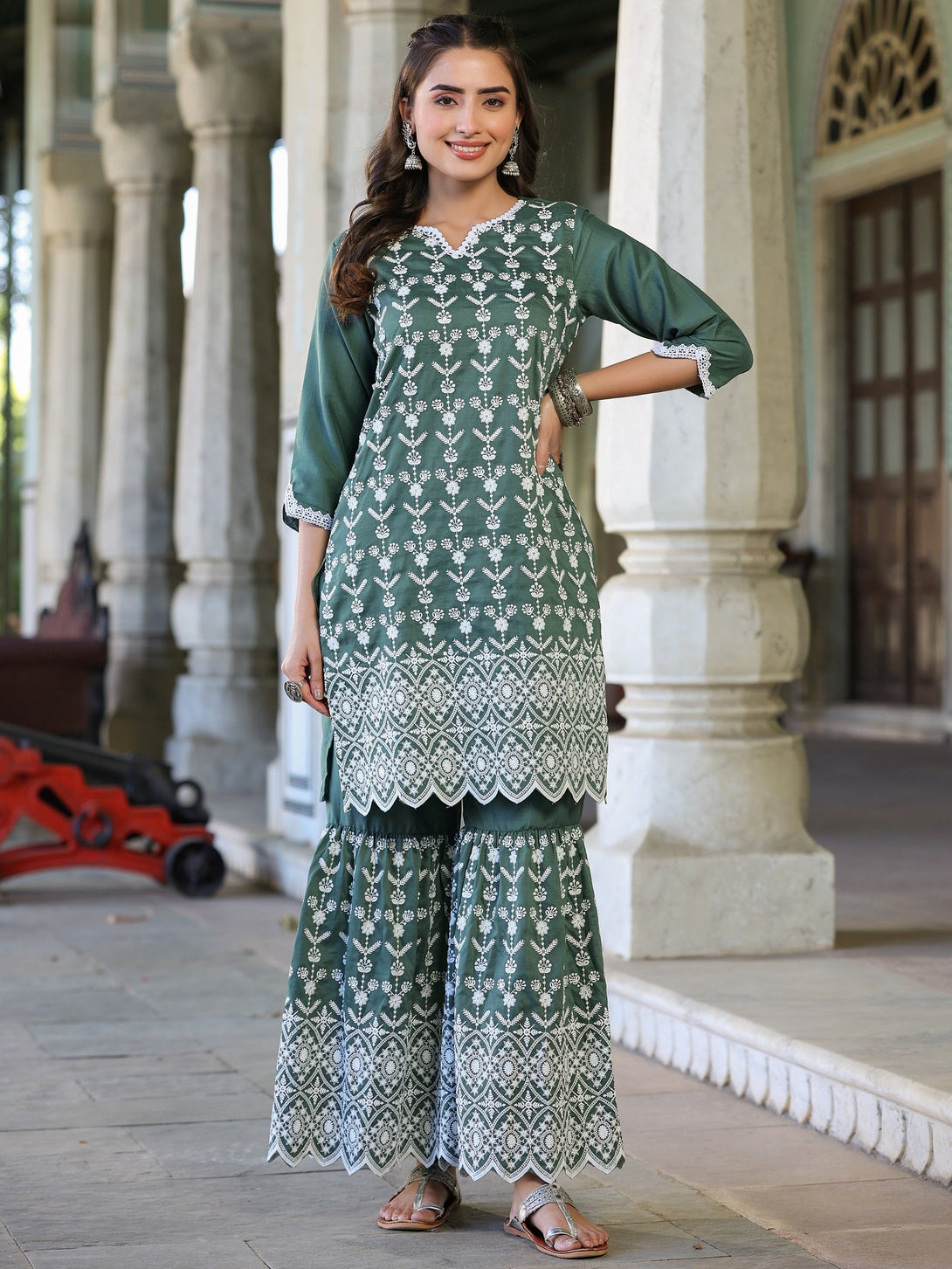 Women's Green Chinon Embroidered Kurta Garara Set - Juniper