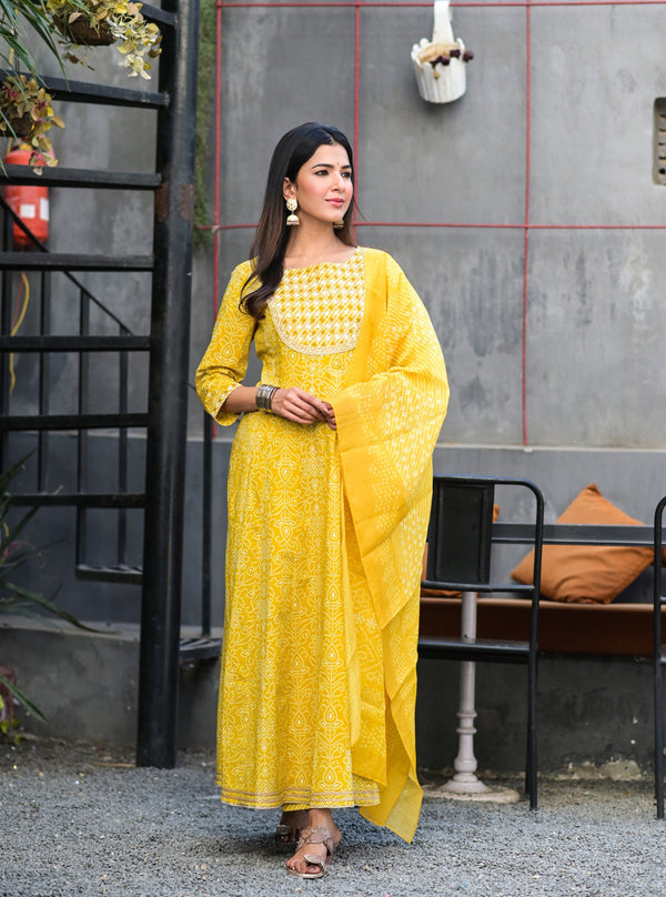 Women's Yellow Handblock Dupatta Set - Yufta