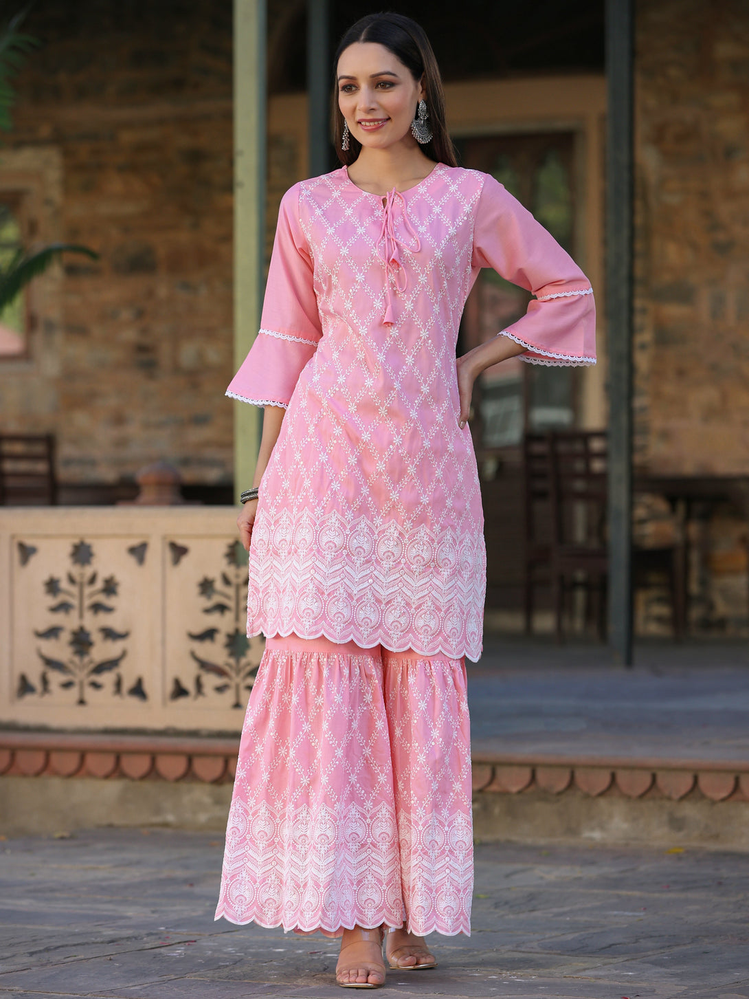 Women's Pink Chinon Embroidered Kurta Garara Set - Juniper