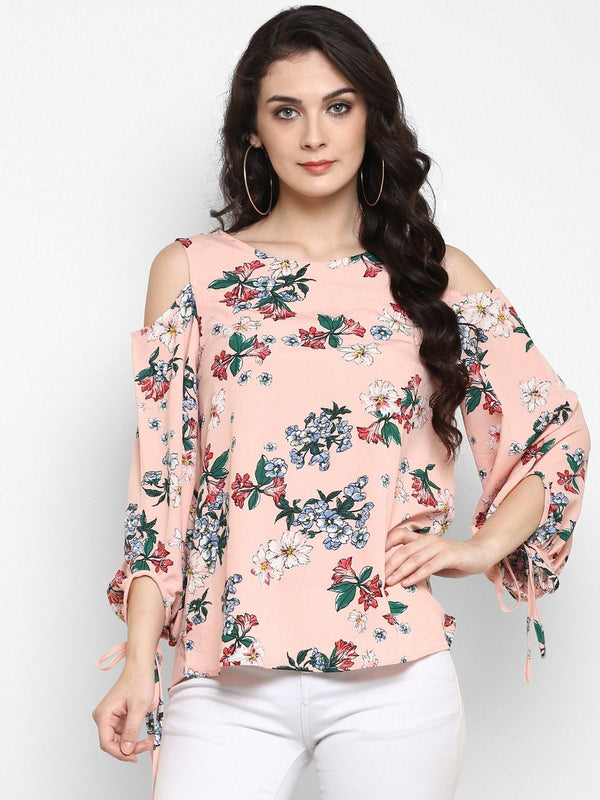 Women's Peach Floral Cold Shoulder Top With Tie-up At Sleeves - Pannkh