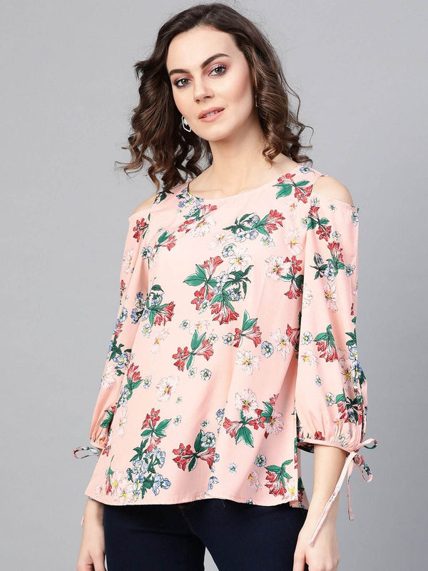 Women's Peach Floral Cold Shoulder Top - Pannkh