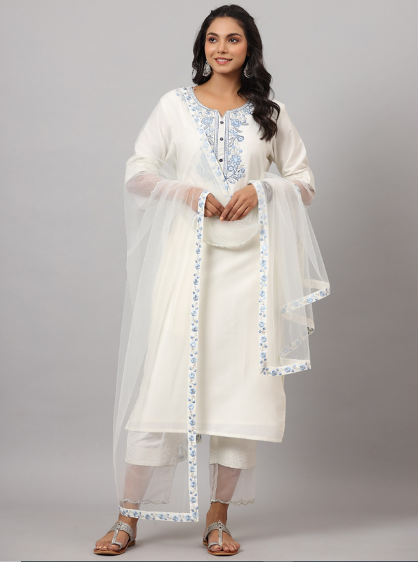 Women's White Chinon Solid Embroidered Kurta Set - Juniper