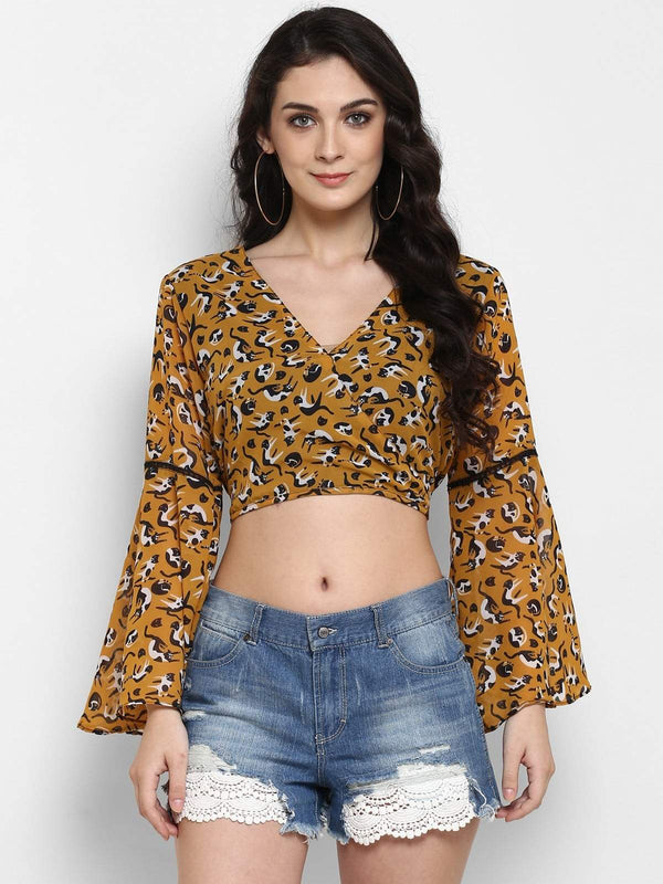 Women's Printed Bell Sleeves Crop Top - Pannkh