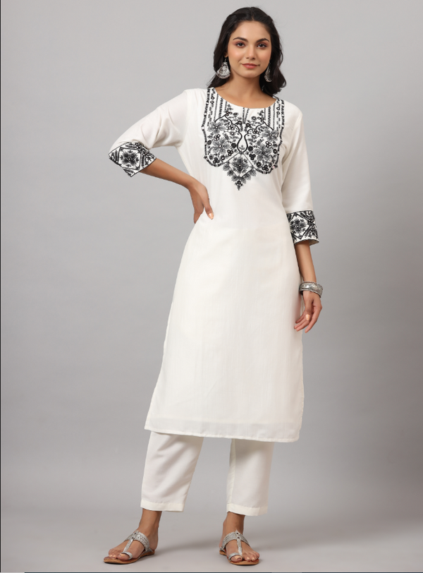 Women's White Chinon Solid Embroidered Kurta Set - Juniper