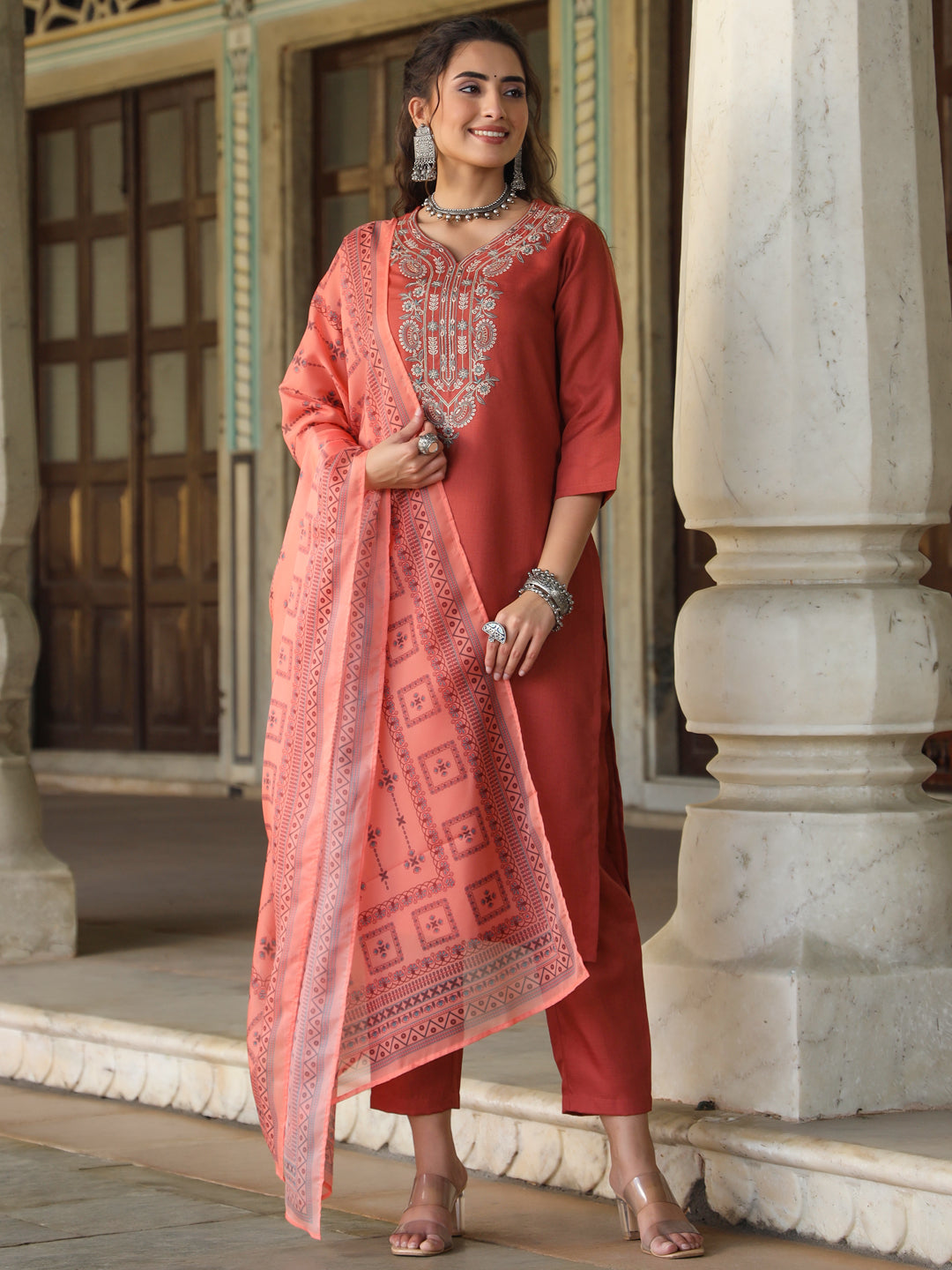 Women's Rust Silk Solid Embroidered Kurta Set - Juniper