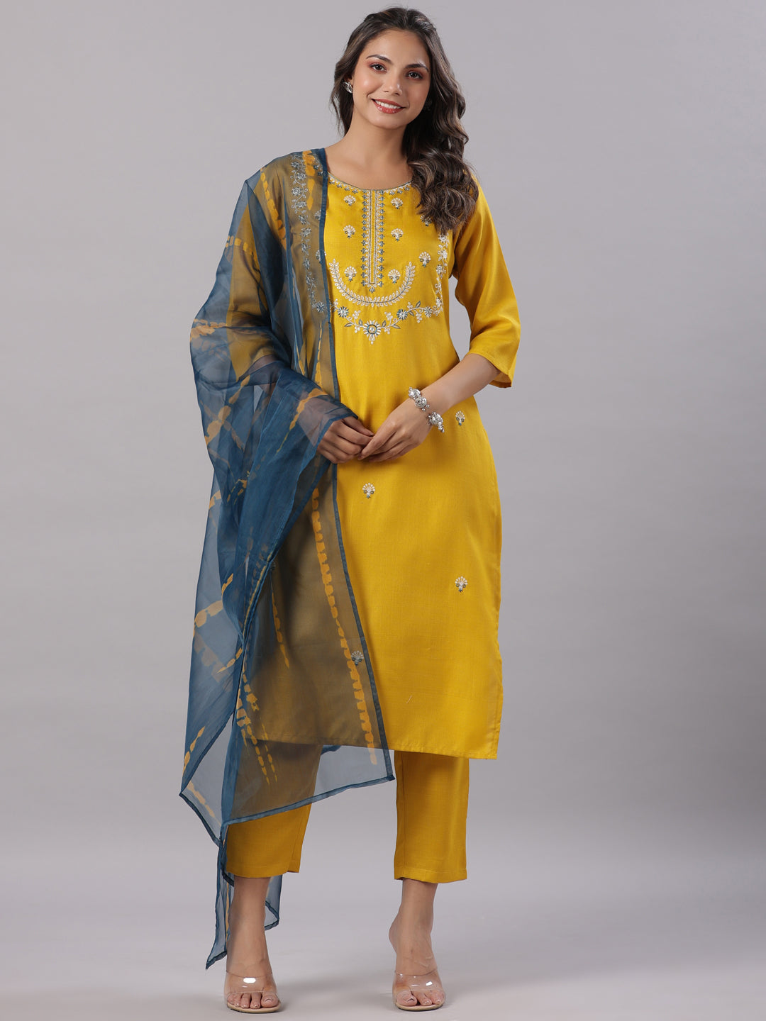 Women's Mustard Silk Zari Embroidered Kurta Pant Dupatta Set - Juniper