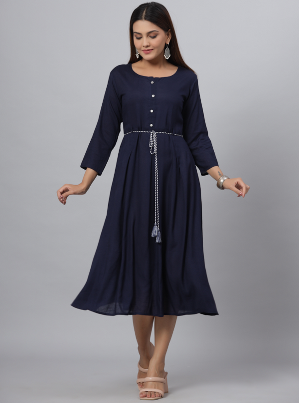 Women's Navy Rayon Slub Solid Dress - Juniper