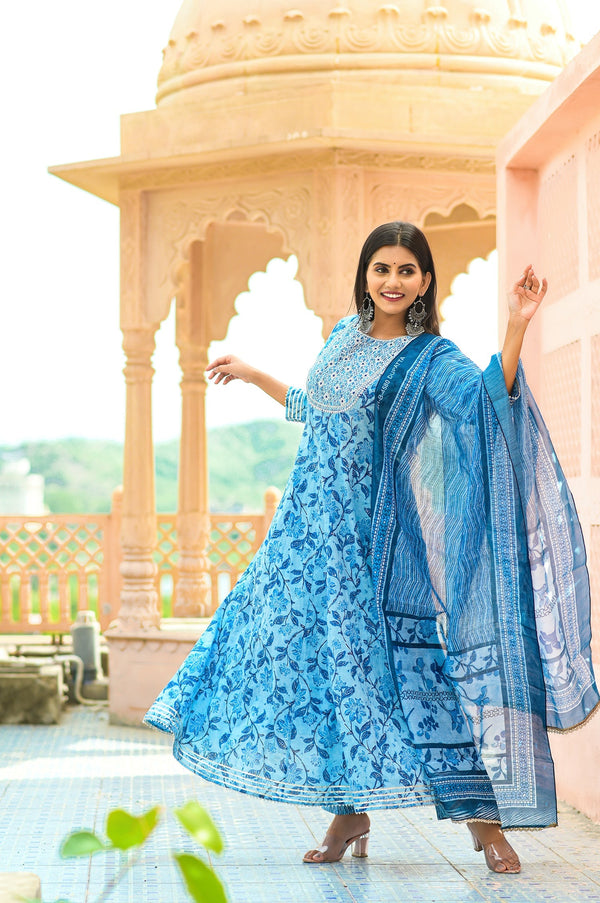 Women's Blue Handblock Dupatta - Yufta