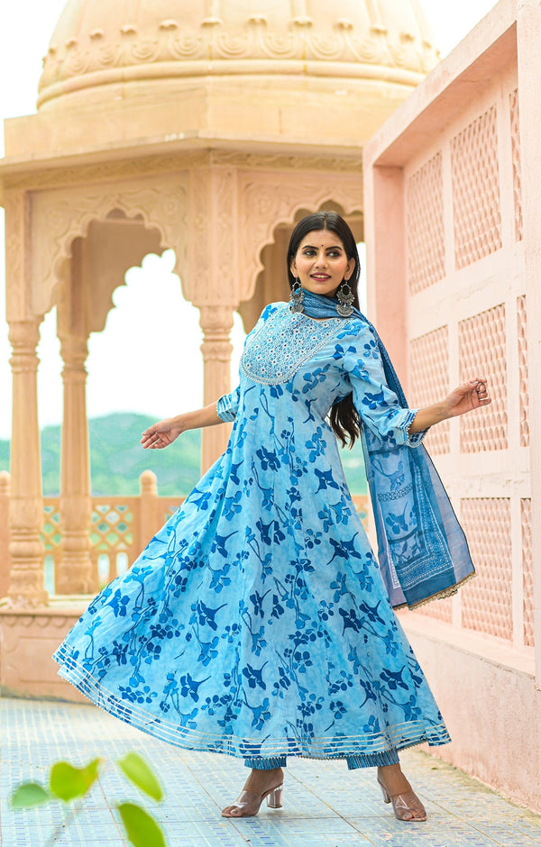 Women's Blue Handblock Dupatta Set - Yufta