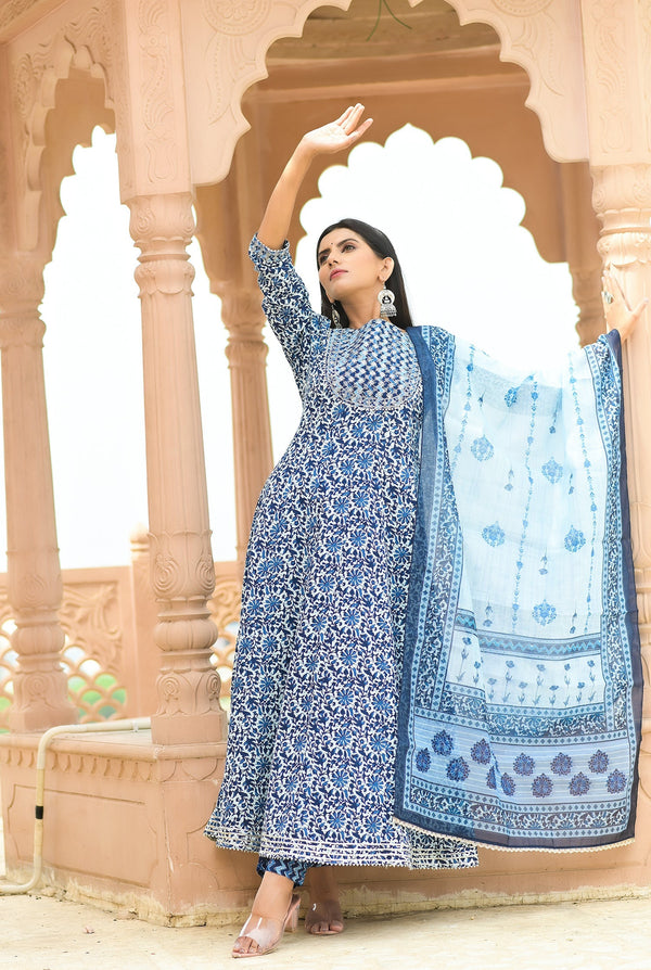 Women's Blue Handblock Dupatta Set - Yufta