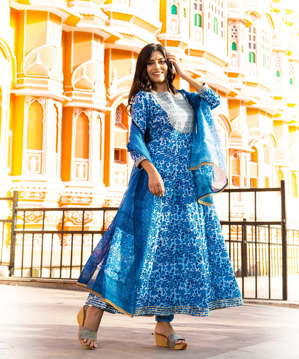 Women's Blue Handblock Dupatta Set - Yufta