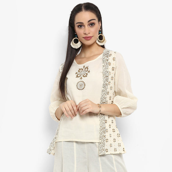 Women's Block Printed Top With Waistcoat - Pannkh