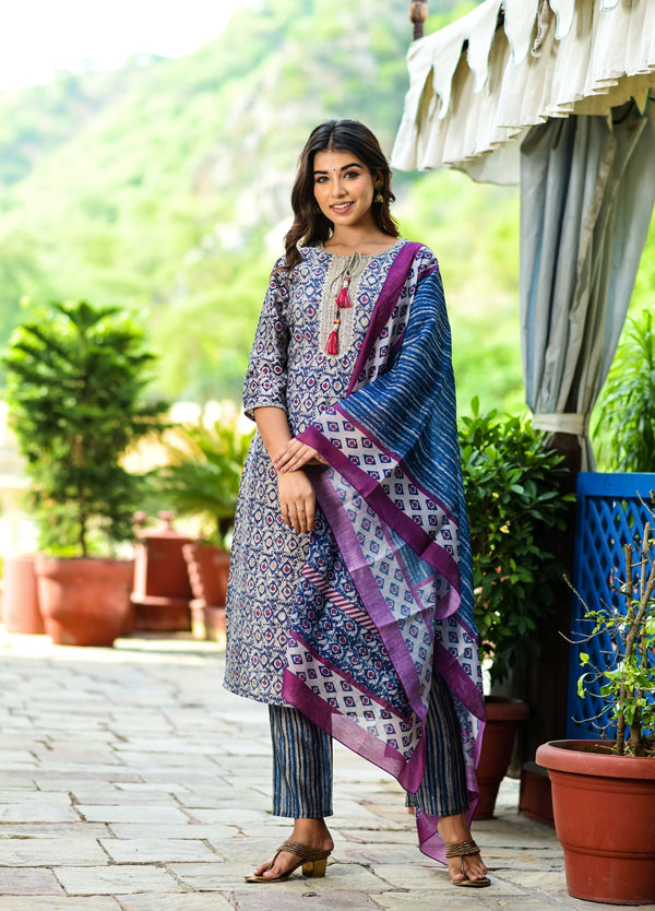 Women's Blue Printed Dupatta Set - Yufta