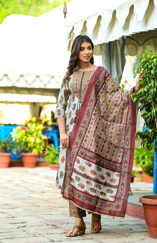 Women's Beige Handblock Dupatta Set - Yufta