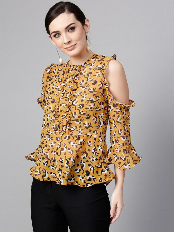 Women's Cat Print Ruffled Top - Pannkh