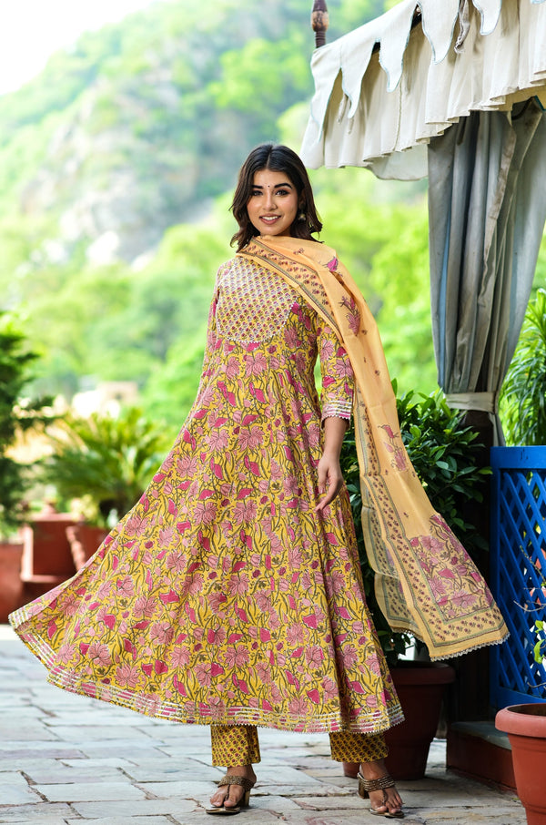 Women's Yellow Handblock Dupatta Set - Yufta