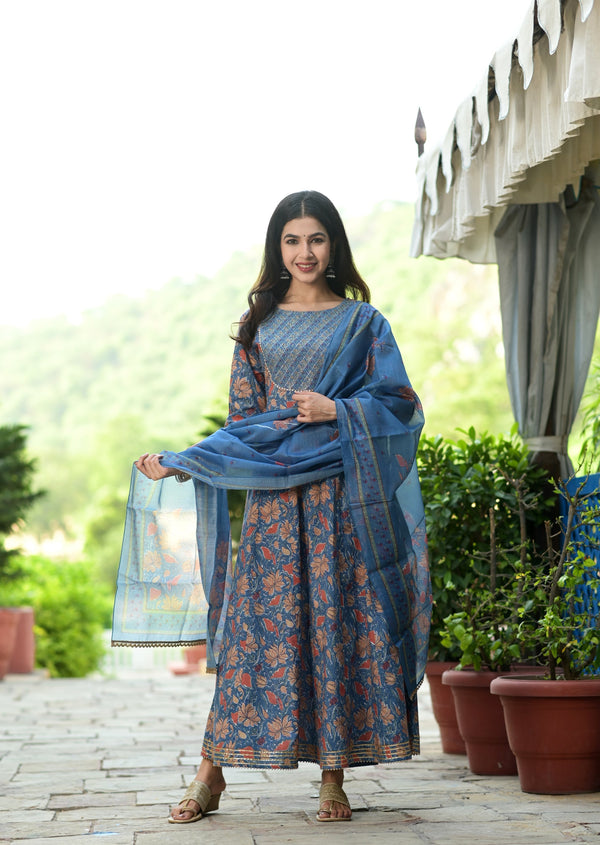 Women's Blue Handblock Dupatta Set - Yufta