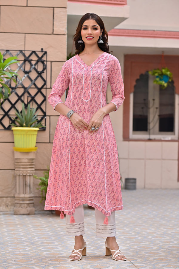 Women's Mauvelous Pink Hand Block Kurta Palazzo Set - Hatheli