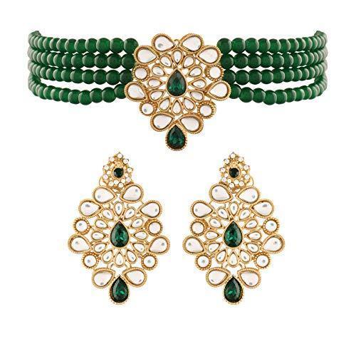 Women's Gold Plated Green Kundan with Beads Choker Necklace Set - i jewels