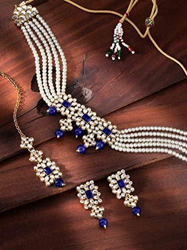 Women's Gold Plated Blue Beaded Choker Set Studded with Pearl & Kundan with Earrings & Maang Tikka - i jewels