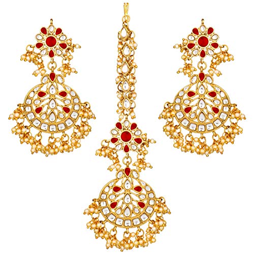 Women's Traditional Gold Plated Chandbali Kundan & Pearl Earring Set with Maang Tikka - I Jewels