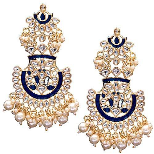 Women's  Gold Plated Meenakari Blue Earrings Glided With Kundans & Pearls  - i jewels