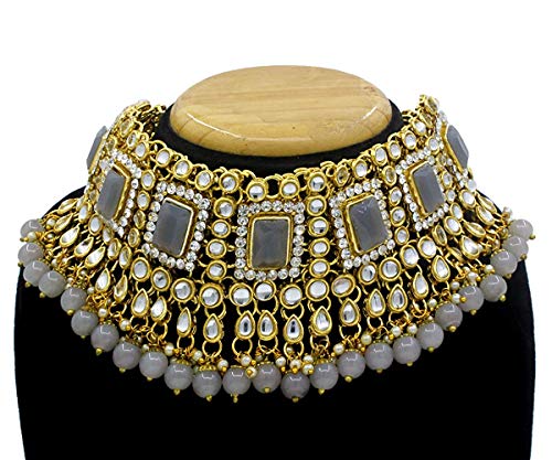 Women's 18kgold plated traditional handcrafted faux kundan pearl studded bridal necklace set with earrings maangtikkaij401w - I Jewels