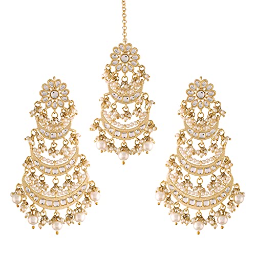 Women's Traditional Gold Plated Chandbali Kundan & Pearl Earring Set with Maang Tikka - I Jewels