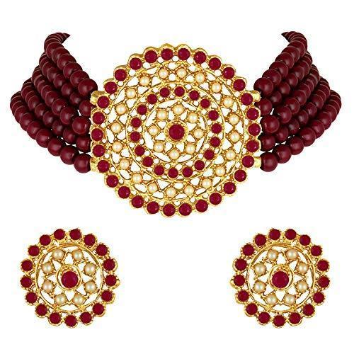 Women's Gold Plated Maroon Light Weight Pearl Beaded Choker Necklace Set - i jewels