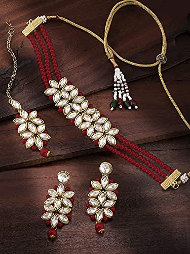 Women's 18k Gold Plated Kundan & Pearl Beaded Choker Set  - I Jewels