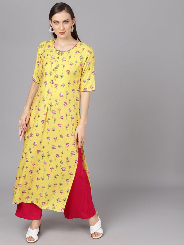 Women's  Yellow & Magenta Printed Kurta with Palazzos - AKS